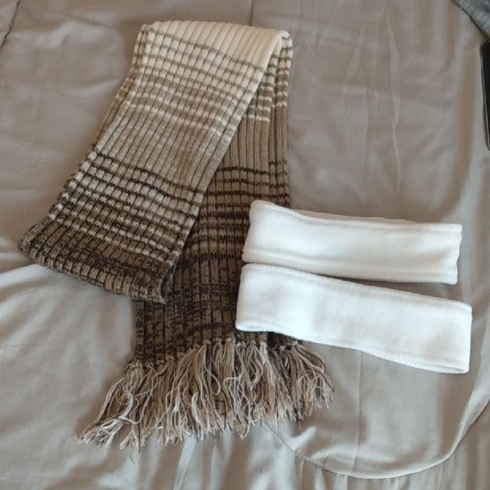 Brown and Cream Knit Scarf with White Headbands